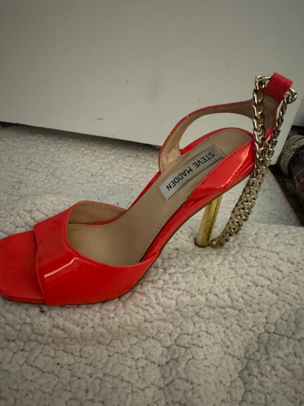 Steve Madden Red Patent Slingback Heels with Gold Chain Accent